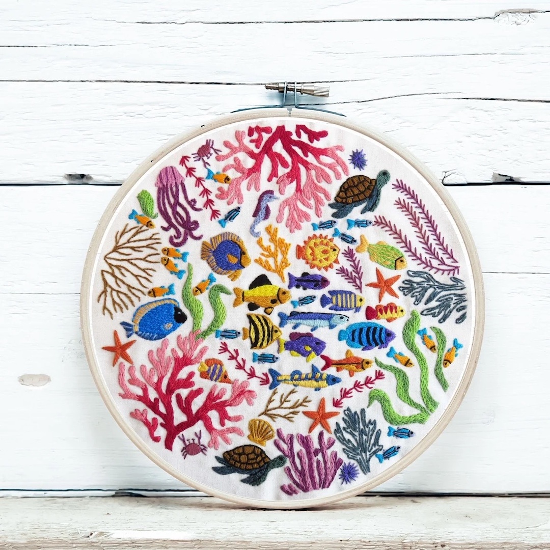 Modern hand embroidery pattern with a design of sea creatures