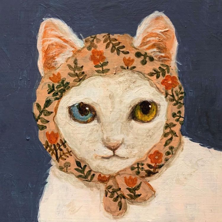 Illustration of a cat wearing a head scarf