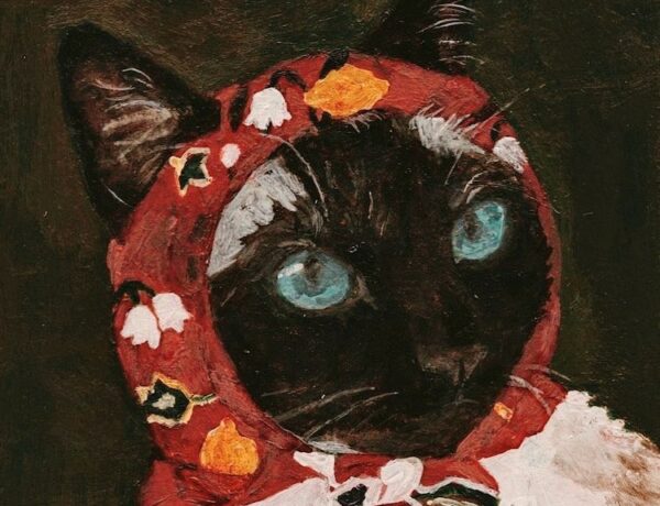 Illustration of a cat wearing a head scarf