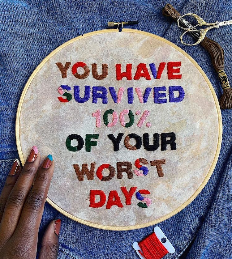 Embroidered words by Ciara LeRoy