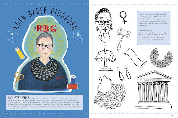 Spread from 'Empowered Embroidery' book featuring RBG