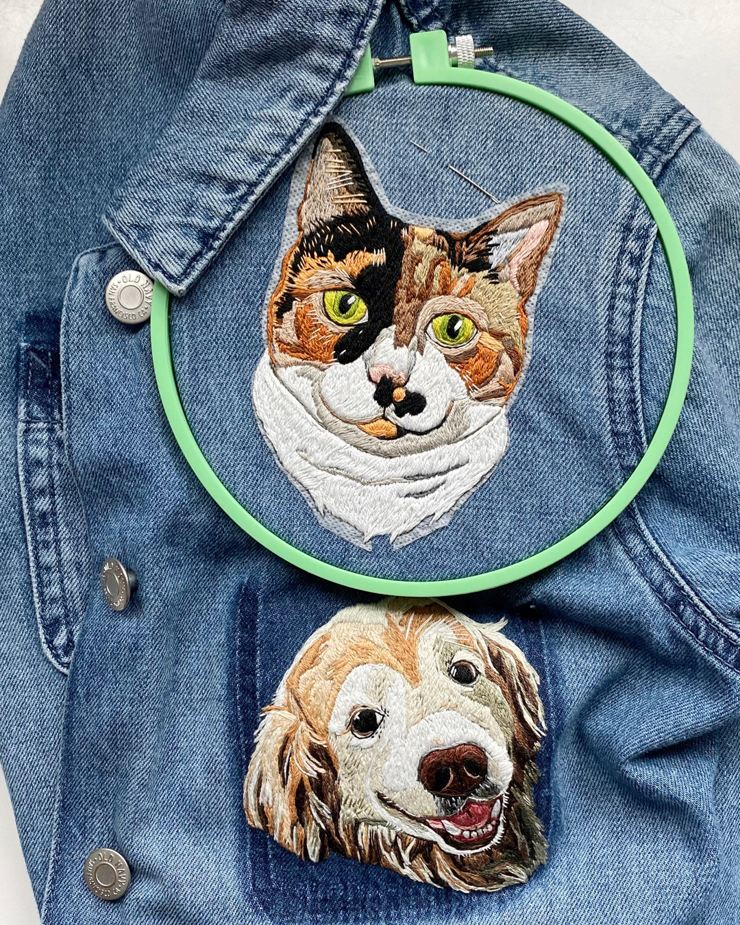 Pet portrait embroidery on a jacket