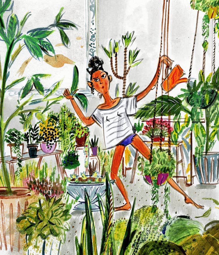 Illustration of a woman with plants and a watering can