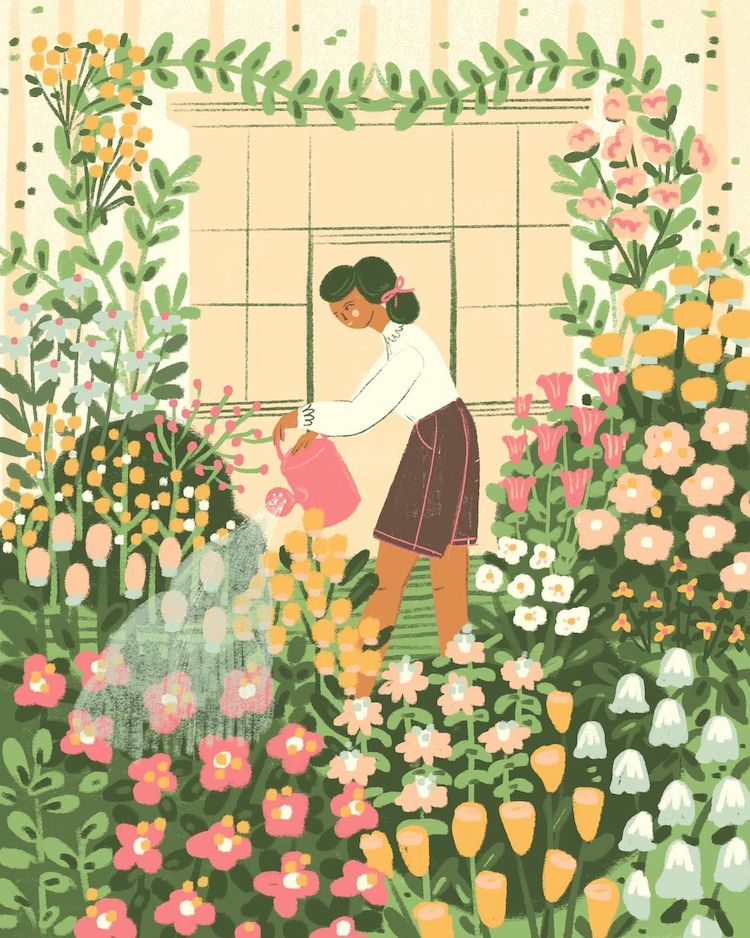 Illustration of a woman with plants and a watering can