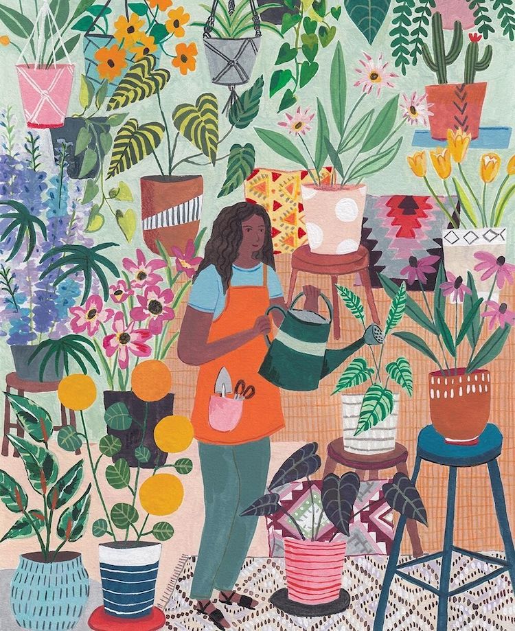 Illustration of a woman with plants and a watering can