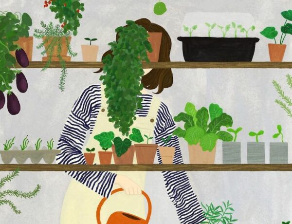 Illustration of a woman with plants and a watering can