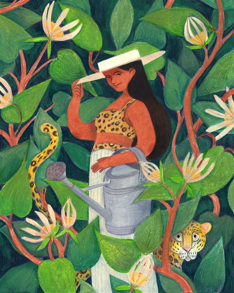 Illustration of woman standing among plants holding a watering can with big cats around her