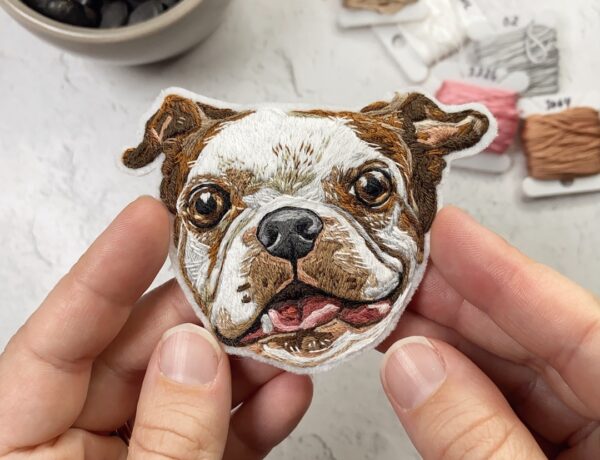 Custom embroidered pet portrait of a dog