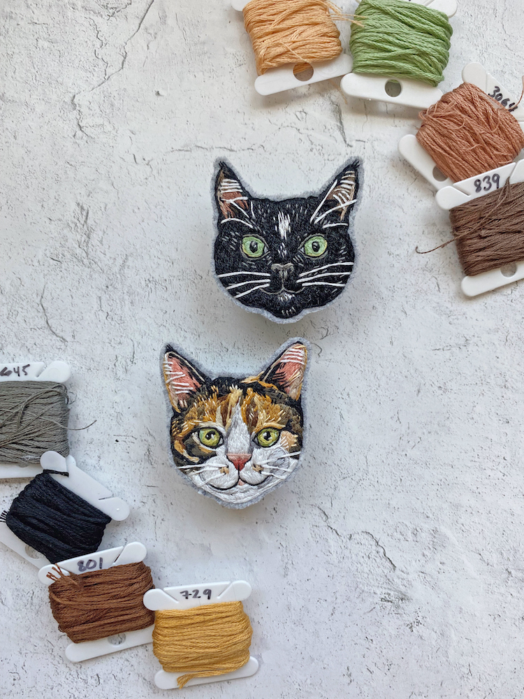 Custom embroidered pet portrait patch of two cats