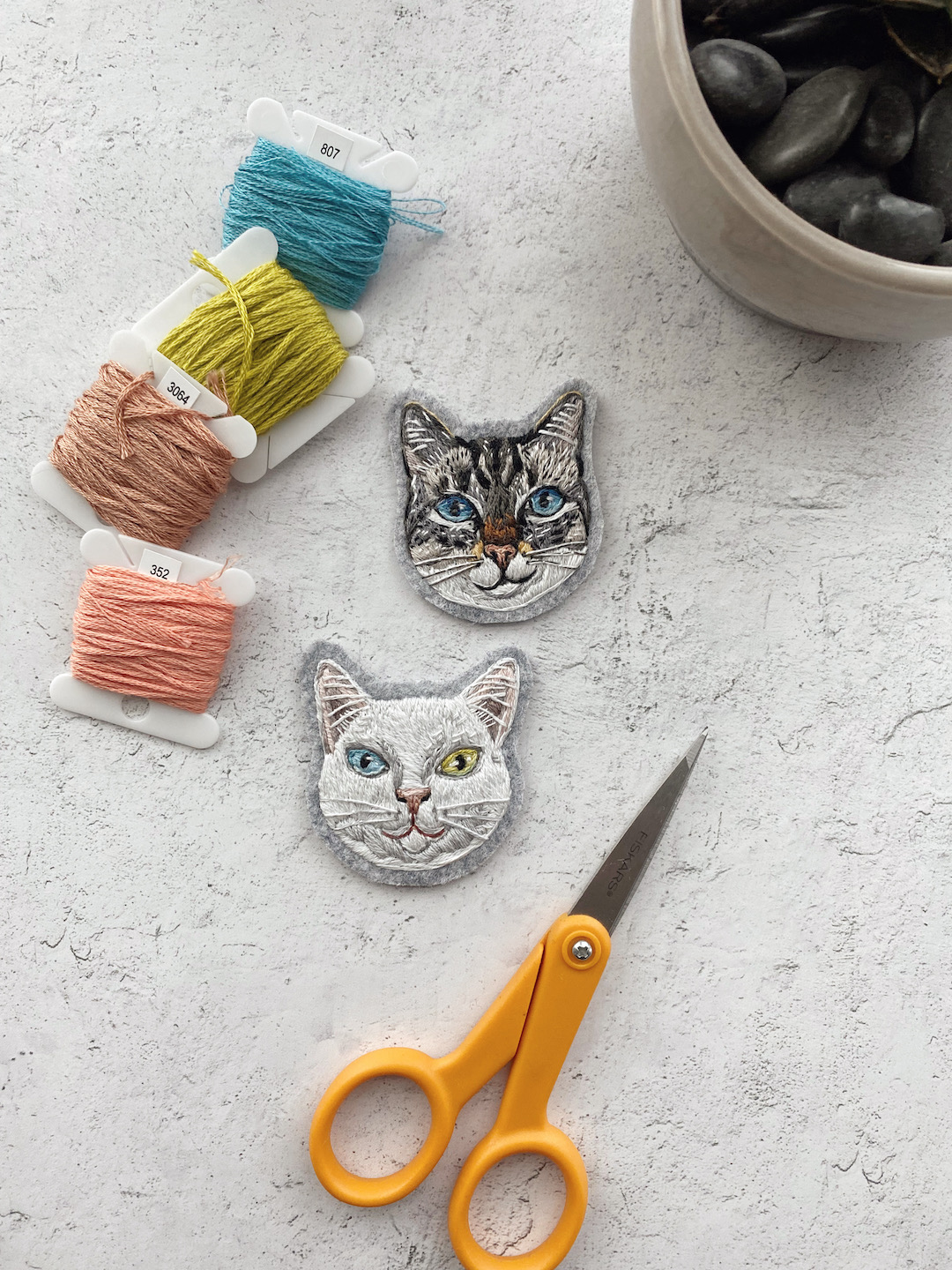 Custom embroidered pet portrait patch of two cats