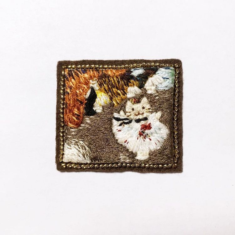 Famous artworks recreated with embroidery and cats