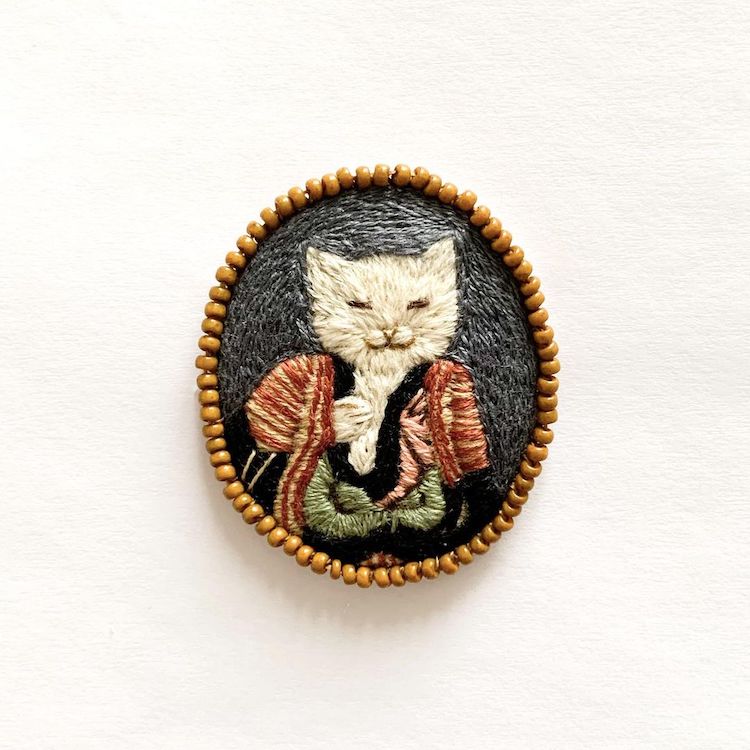 Famous artworks recreated with embroidery and cats