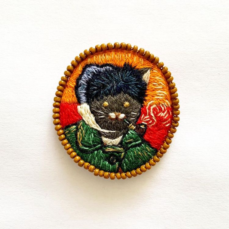 Famous artworks recreated with embroidery and cats