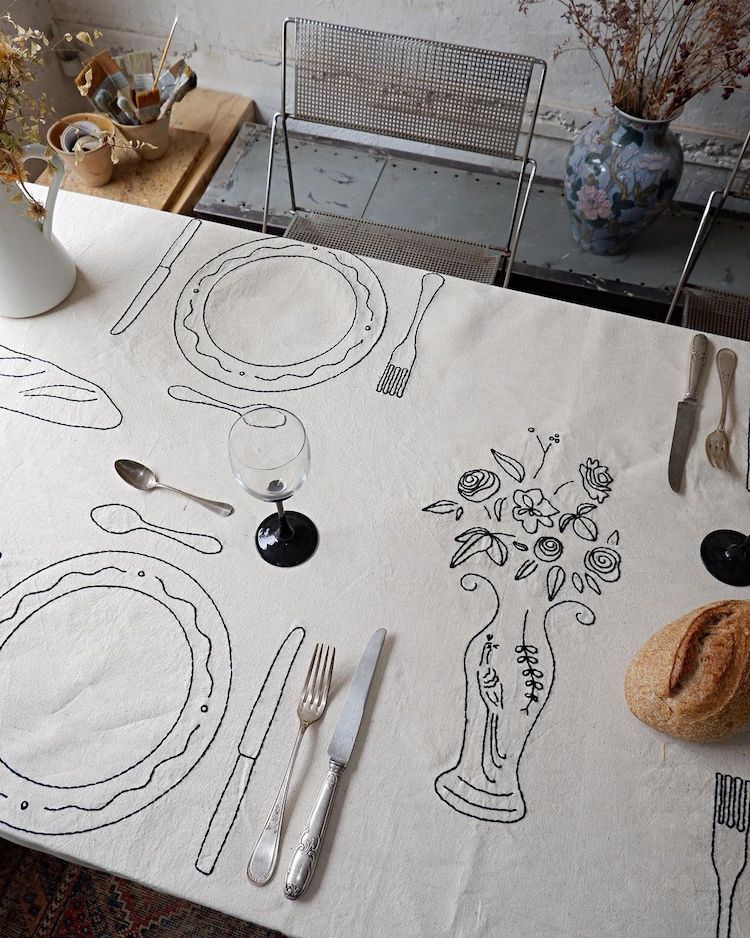 Embroidered tablecloths by Sarah Espeute