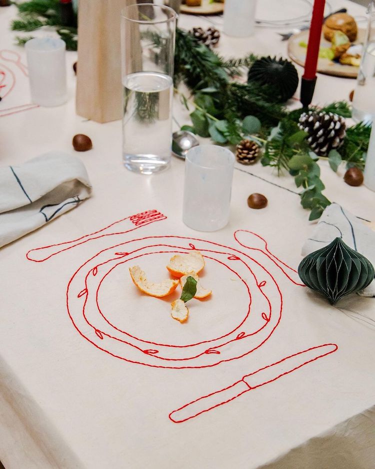 Embroidered tablecloths by Sarah Espeute