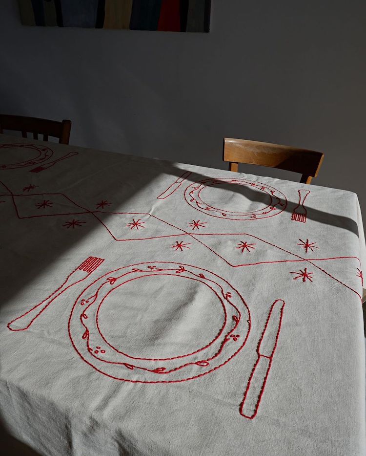 Embroidered tablecloths by Sarah Espeute