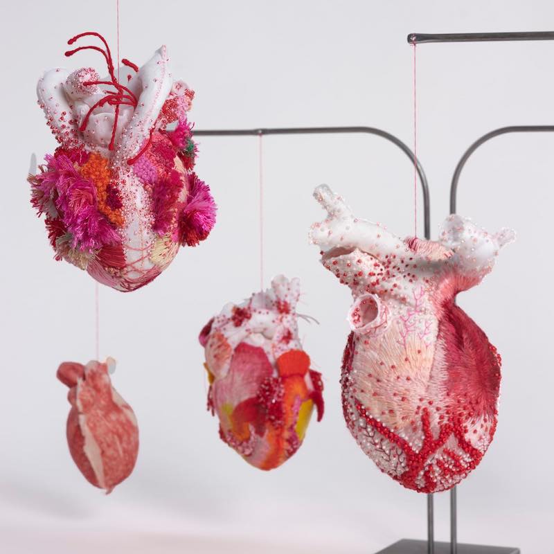 Heart sculpture featuring beading and embroidery by Ema Shin