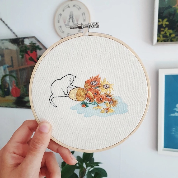 Van Gogh-inspired cat embroidery pattern