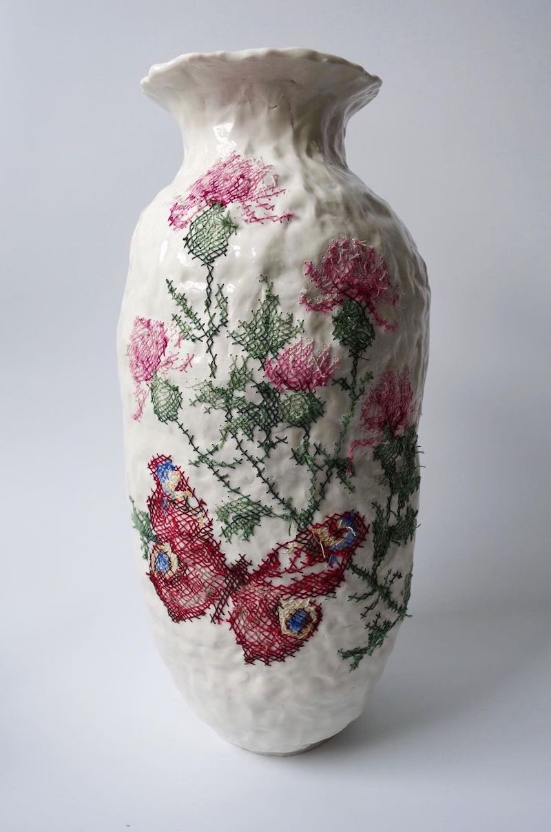 Embroidered ceramics by Caroline Harrius