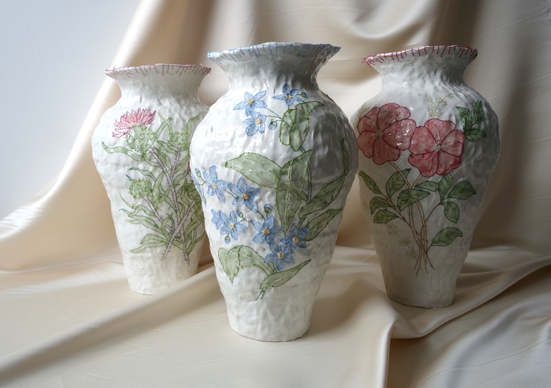 Embroidered ceramics by Caroline Harrius