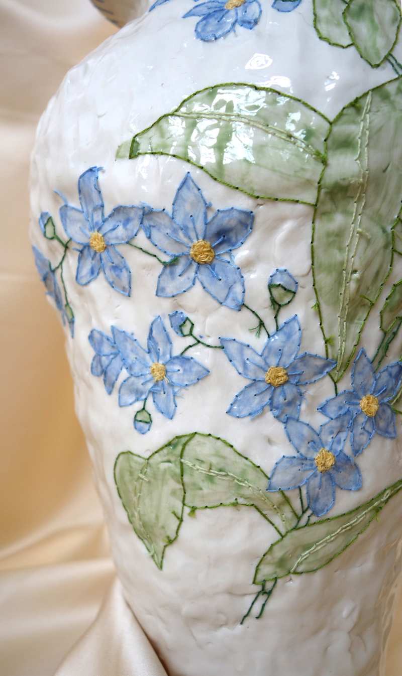 Embroidered ceramics by Caroline Harrius