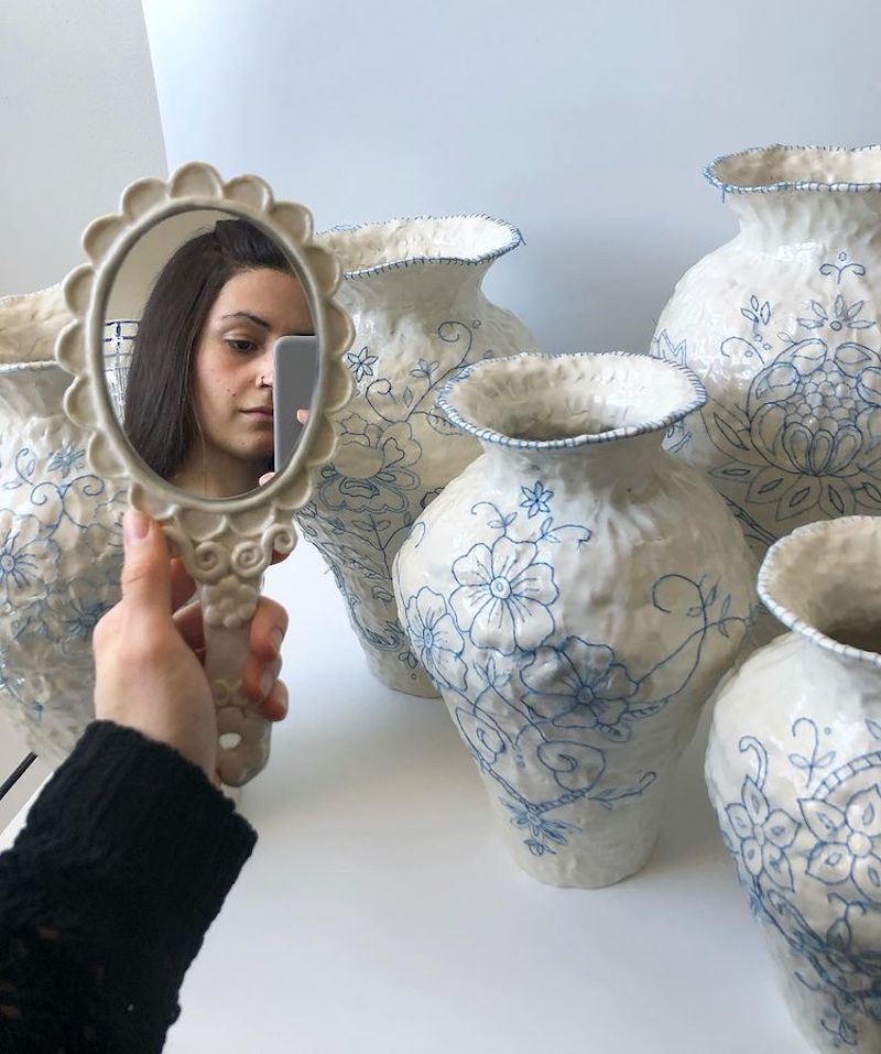 Embroidered ceramics by Caroline Harrius