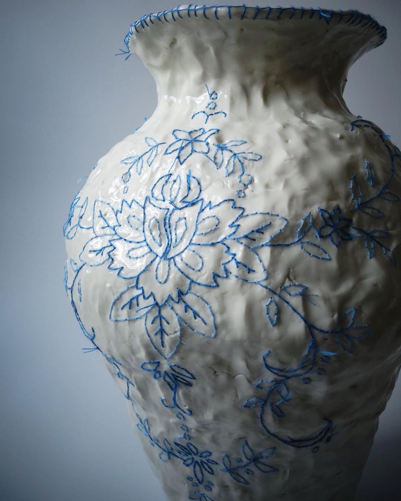 Embroidered ceramics by Caroline Harrius