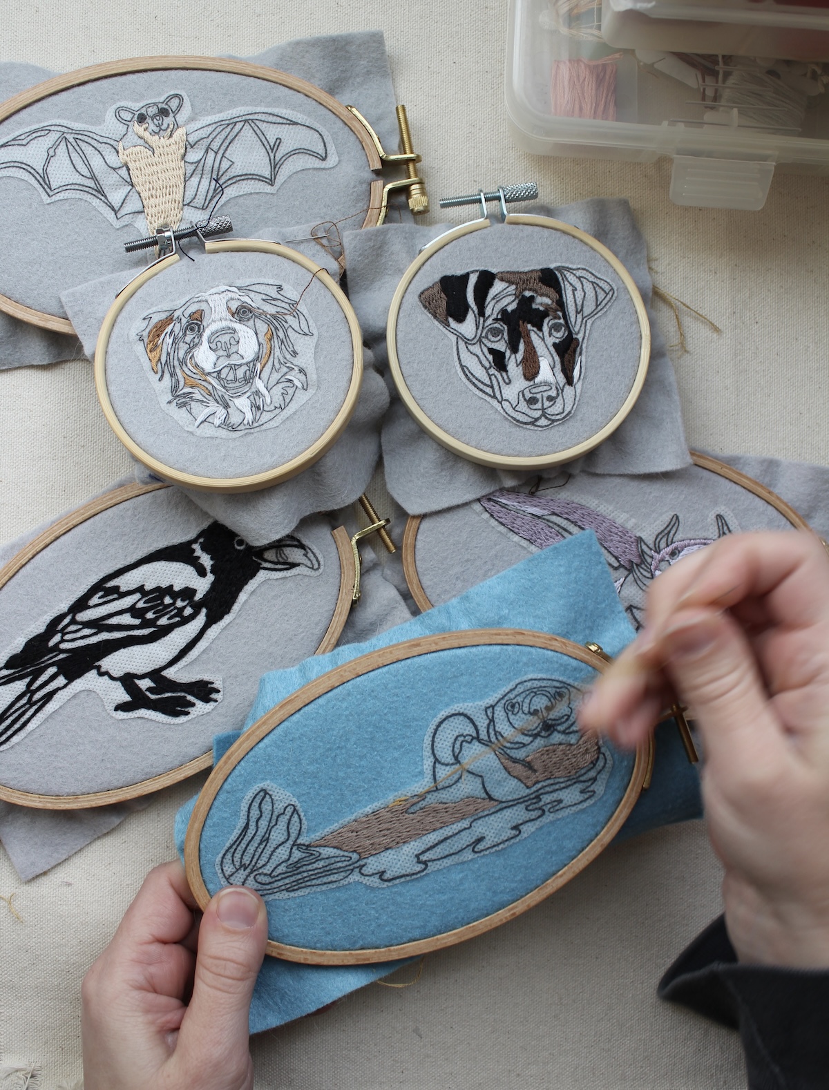 Stitching on embroidery hoops